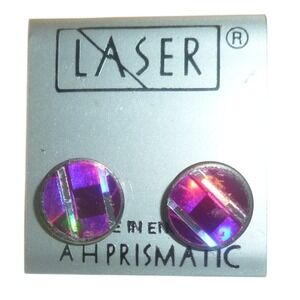Vintage Laser Prismatic Holographic Stud Earrings Purple Iridescent Made England